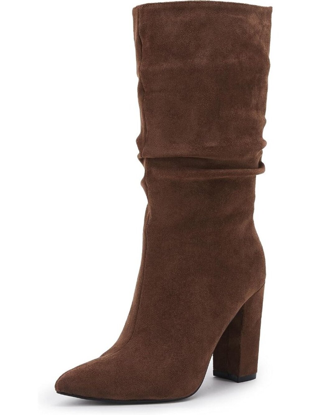 Women's Coffee Winter Slouchy High Heel Chunky Block Pointed Toe Mid Calf Boots
